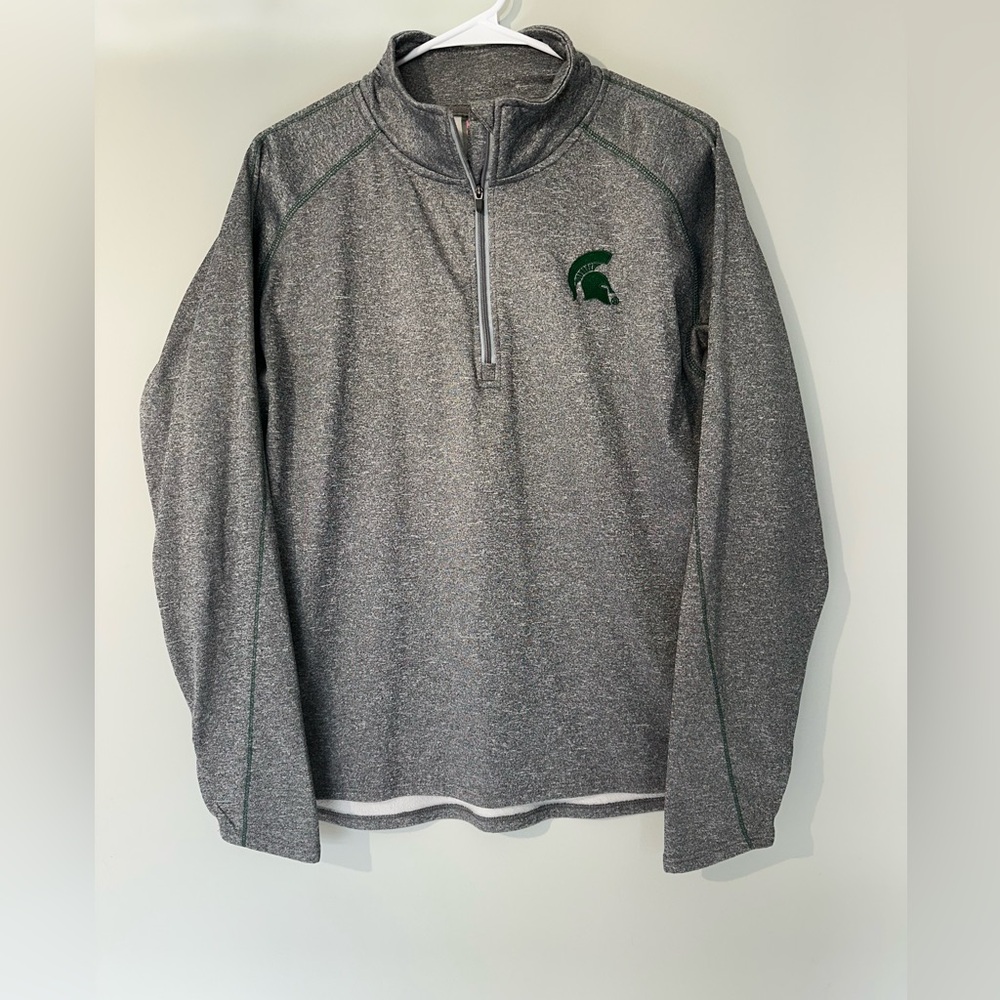 Gray Quarter-Zip Pullover with Green Spartan Logo, Women’s Large
